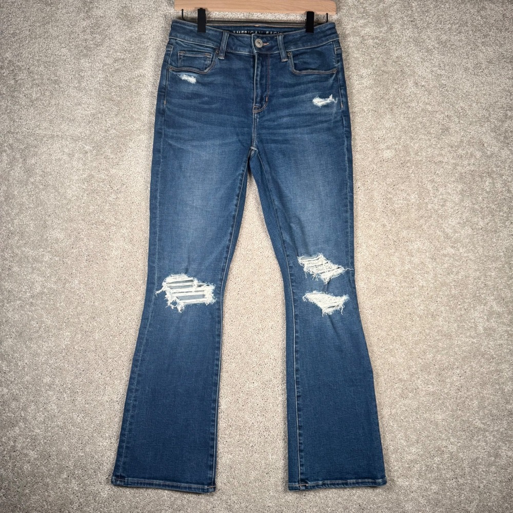 American Eagle Hi-Rise Skinny Kick Crop Distressed Blue Jeans Size 4